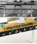 Before and after of an under desk with installed Under Desk Cable Management Tray Set Self Adhesive 2 Pack Steel Wire Organizer For Cables And Power Strips No Drill Mount Stick On Storage Under Table For Office Home Desk.