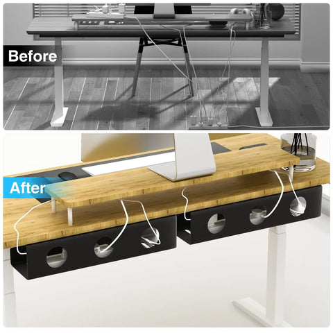 Before and after of an under desk with installed Under Desk Cable Management Tray Set Self Adhesive 2 Pack Steel Wire Organizer For Cables And Power Strips No Drill Mount Stick On Storage Under Table For Office Home Desk.