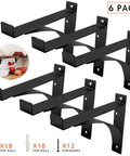 Heavy Duty Shelf Brackets 14 Inch L Shaped 6 Pack Black Powder Coated Rustproof Anti Scratch Super Strong Floating Shelf Brackets For Solid Load Bearing, shown with screws and installed example.