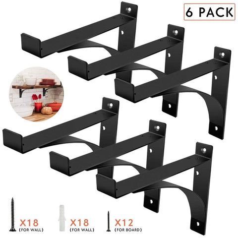 Heavy Duty Shelf Brackets 14 Inch L Shaped 6 Pack Black Powder Coated Rustproof Anti Scratch Super Strong Floating Shelf Brackets For Solid Load Bearing, shown with screws and installed example.