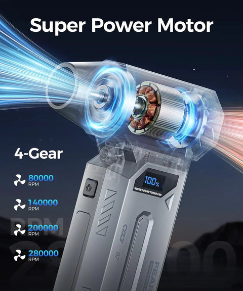 Ultra Powerful 280000 RPM Electric Air Duster with transparent motor and LCD, displaying four gear adjustable power.