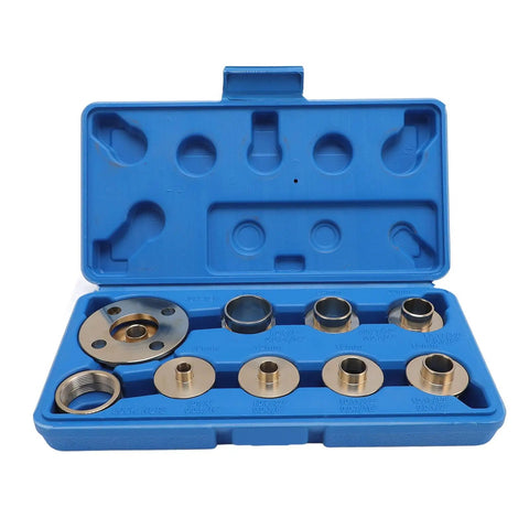 11 Piece Brass Router Template Bushing Guide Set With Heavy Duty Carry Case For Precision Woodworking Jigs Featuring Tough As Nails Durability And No Sweat Routing, open blue case with brass bushings.
