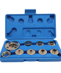 Workhorse Solid Brass Router Template Bushing Kit Offering Eight Tight Fit Sizes For Dead Straight Woodworking Routing with blue case.