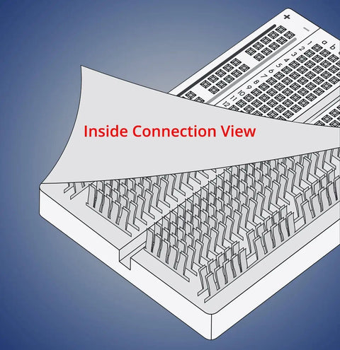 Inside connection view of Solderless Prototype Breadboard Kit With 1x830 Tie In Grid, 2x400 Tie Points, And 6x170 Tie Points Mini Modular Breadboard