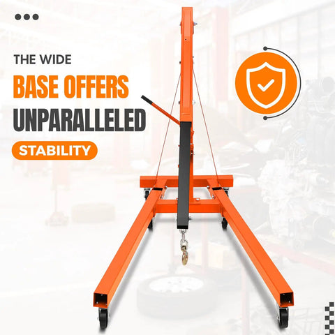 Heavy Duty Folding Hydraulic Engine Hoist Featuring Smooth Pump Operation And Knockout Lifting Capacity For Any Home Garage Shop Rig. Wide base for stability.