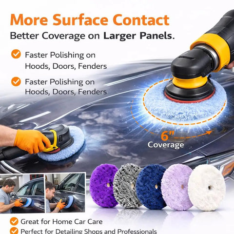 Kick Serious Shine With This 6 Inch Wool Cutting And Polishing Pad Set Hook And Loop Design on a car surface for faster polishing.