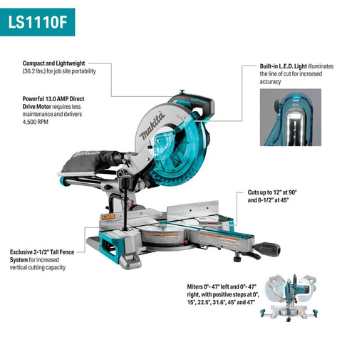 Beefy 10 Inch Slide Compound Miter Saw With 4500 RPM Direct Drive Motor Left And Right Bevels From 0 To 47 Degrees