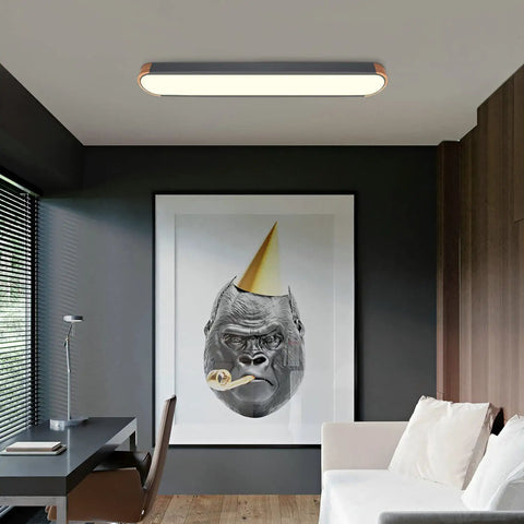 Dimmable LED Ceiling Light With Remote Control 37.4 Inch Flush Mount Low Profile Modern Wood Grey Finish 36W 3000K to 6000K Color Temperature Ideal For Living Room Bedroom Hallway And Office Lighting installed on ceiling above a modern office space.