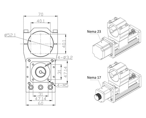 Technical drawing of CNC Aluminum Z Axis Spindle Motor Mount 85mm Stroke 800W Spindle Holder 65mm Diameter for 3018 Pro Series.