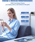 Woman using 65W USB C GaN Wall Charger with 3 Ports Dual PD 3.0 USB C And 18W USB A Fast Charge for Samsung Galaxy S Series and Android Phones