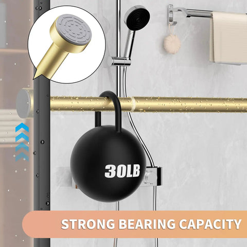 Gold Shower Curtain Rod 34 To 66 Inches Adjustable Telescopic Spring Tension No Drill Rustproof Non Slip, showing 30lb weight support.