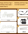 Kit includes Lit Happy Birthday Neon Sign LED Light For Wall Backdrop Decoration With Split Design, cables, converter, chains