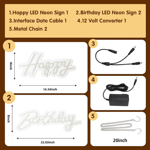 Kit includes Lit Happy Birthday Neon Sign LED Light For Wall Backdrop Decoration With Split Design, cables, converter, chains