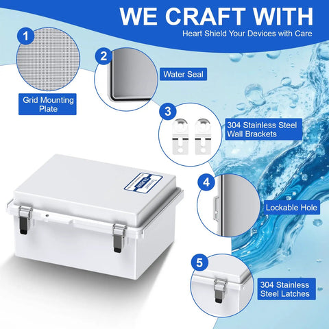 IP67 Weatherproof Electrical Junction Box Outdoor Enclosure Rugged Grey ABS Plastic With Hinged Lid, Mounting Plate And Wall Brackets, Dustproof Waterproof Project Box For Outdoor Electrical Setup