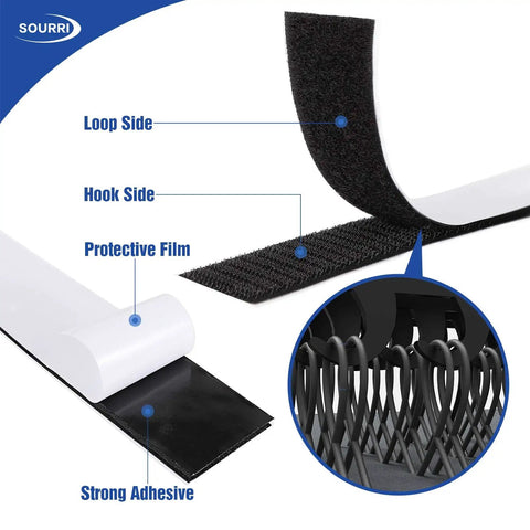 1 Inch Wide Hook And Loop Tape Roll Set Two 26 Foot Rolls Self Adhesive Nylon Fasteners showing hook and loop sides with adhesive