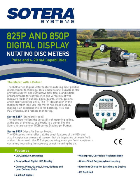 Image of Sotera Systems digital display nutating disc meters featuring the 850 One Inch Digital Chemical Transfer Meter with air sensor.