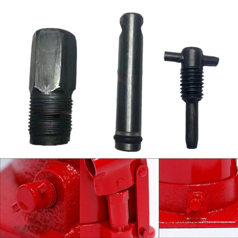 Three components of the Premium Hydraulic Jack Oil Pump Replacement Kit With Solid Metal Bleed Screw And Straight Shot Piston Assembly.