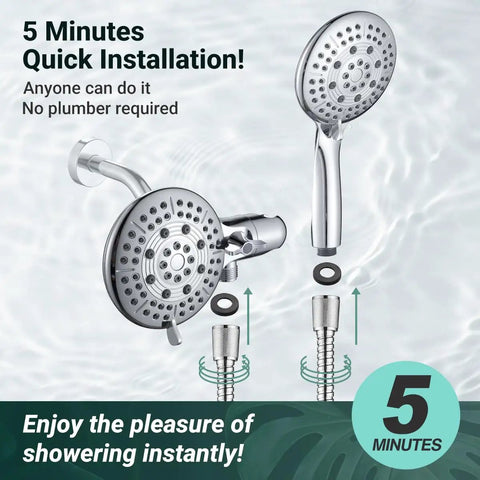 2 In 1 All In One Dual Shower Head System With Rainfall And Handheld Spray, 59 Inch Stainless Steel Hose, 1.8 GPM Water Saving Chrome Shower Combo, easy installation visual guide