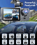Three Channel 4K Front Dash Cam With Interior And Rear 1080P Cameras mounted on windshield, icons highlighting features