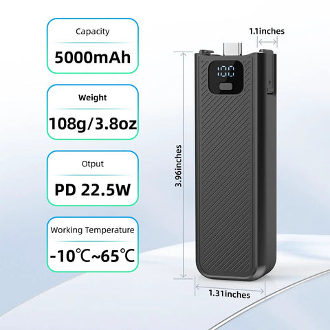 Juiced Up Battery Handle With Digital Display For DJI Osmo Pocket 4 And Pocket 3 beside specifications of capacity and size