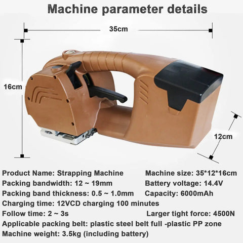 Heavy Duty Portable Electric Strapping Machine For 12-19 Mm PP PET Plastic Bands Handheld Automatic Baler Tool With Dual 6000 Mah Batteries, side view with dimensions.