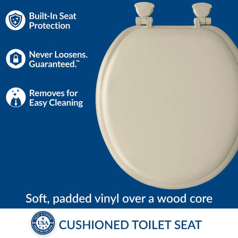 Super Comfy Padded Toilet Seat With Plush Vinyl Cushion And Sturdy Wood Core Guarantees A Tight As A Drum Fit Quick Release Hinges Handle Daily Messes Without Hassle Warm Bone Shade Adds Sweet Character To Any Standard Round Bathroom