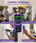 SUNMAY Professional Stud Finder with 7-in-1 Wall Scanner & Laser Level used to locate studs and avoid live wires on walls.