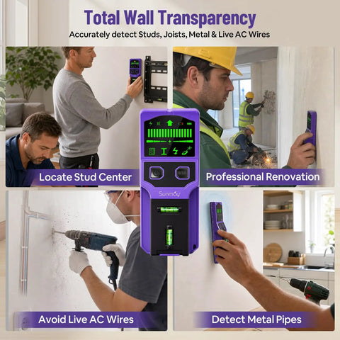 SUNMAY Professional Stud Finder with 7-in-1 Wall Scanner & Laser Level used to locate studs and avoid live wires on walls.