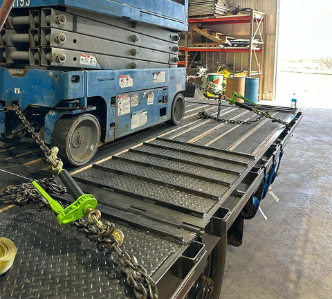 Hi Viz Green Beefy Heavy Duty Folding Handle Ratchet Load Binder securing machinery on flatbed truck with grab hook