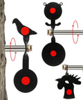 Three Piece BB Gun Target Set With Rotating Metal Animal Silhouettes Bear Bird And Rooster Spinner Targets mounted on tree
