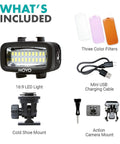 Underwater LED Video Light 700 Lumen High Power Waterproof for GoPro and DSLR Cameras, includes filters, mounts, and USB-C cable.