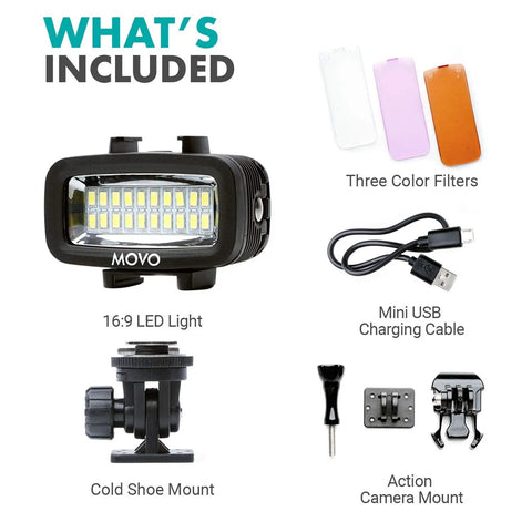 Underwater LED Video Light 700 Lumen High Power Waterproof for GoPro and DSLR Cameras, includes filters, mounts, and USB-C cable.