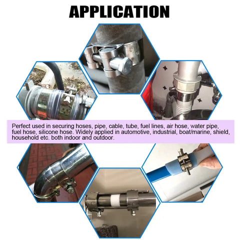 Applications of 12Pcs 14mm-16mm 304 Stainless Steel Mini Fuel Injection Line Style Hose Clamp Set in various setups.