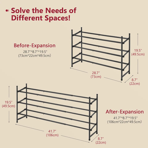 Expandable Three Tier Shoe Rack For Closet And Entryway, Adjustable From 28 To 41 Inches, Stackable Metal Shoe Organizer dimensions