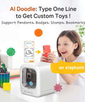 Girl using Kids AI Powered 3D Printer fully assembled with auto leveling, creating an elephant toy from voice prompts using AI Doodle X Maker Joy AI Plus.