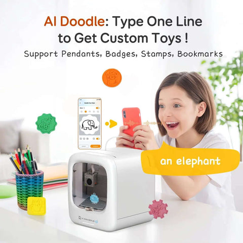 Girl using Kids AI Powered 3D Printer fully assembled with auto leveling, creating an elephant toy from voice prompts using AI Doodle X Maker Joy AI Plus.