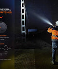 Person using Beast Mode 3000 Lumens Police Duty Flashlight With Long Throw Beam Ultra Bright Dual Tail Switch at night