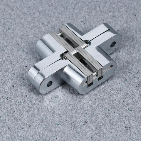 Close-up of Concealed Cross Hinges Two Pack Stainless Steel For Folding Doors And Wooden Cabinets Hidden Design Heavy Duty Mount