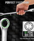 Close-up of a 12-point combination wrench being held, showcasing precision design. Part of Six Piece Large Wrench Set With Long Box End Wrenches Ranging From 15/16 Inch To 1 1/4 Inch Including Rolling Pouch 12 Point Combination Wrenches Heat Treated CR V Steel With Chrome Finish For Rust Resistance And Durable Garage Use.