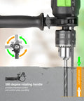Close-up of Beast Corded Hammer Drill With 4.5 Amp Motor 0 To 3000 RPM 1/2 Inch Keyed Metal Chuck, showcasing rotating handle.