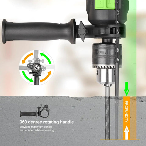 Close-up of Beast Corded Hammer Drill With 4.5 Amp Motor 0 To 3000 RPM 1/2 Inch Keyed Metal Chuck, showcasing rotating handle.