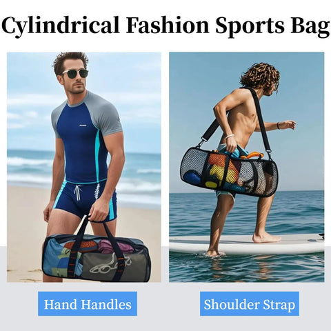 Roomy Mesh Dive Gear Duffle Bag With Zipper And Adjustable Shoulder Strap, shown with surfboards and beach gear