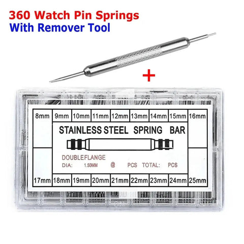 Watch Band Spring Bars Repair Kit 1440 Pcs, Pro Grade Strap Link Pins Tool Set with tool and spring bars display
