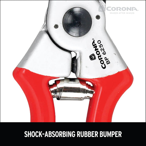 Close-up of Go-To MaxForged 1-Inch Bypass Pruner with forged steel blade and red non-slip comfort grip for pro hand pruning.