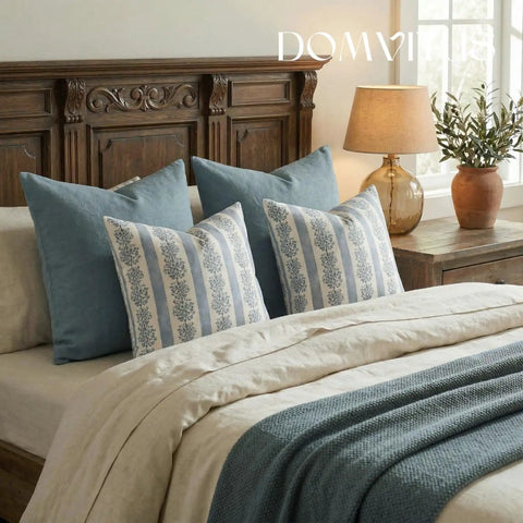 Floral Throw Pillow Covers 18x18 Inch Set Of 2 Light Blue Floral Block Print Decorative Pillow Covers For Couch Sofa Bed Living Room Neutral Farmhouse Boho Cozy Home Decor Cover Only on bed