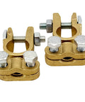 Beefy Brass Battery Terminals Top Post Connectors Clamps Set for Marine Cars Boats and RVs, shown as a heavy brass pair with bolts.