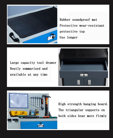 Heavy Duty Steel Rolling Tool Cabinet Featuring Auxiliary Workbench Top And Glide Out Drawers For Garage Setup with rubber mat and large drawer.