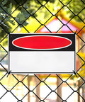 Danger Saw Blade Warning Sign Keep Your Crew Safe Metal Tin Sign 8x12 Inch on chain-link fence with blurred background