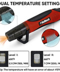 Dual Temp 350W Heat Gun With 400F And 660F Settings, Quick Heat, 2 Nozzles, High Flow Hot Air For DIY Craft Embossing Shrink Wrap, Overload Protection, Red in use with dual temperature settings displayed