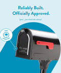 Close-up of Mount Mailbox And In Ground Post Kit For Outdoor Use Medium Black Weatherproof Metal Set with USPS approval stamp